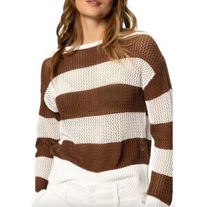 SANCTUARY Sweater Size L NEW Cotton Open Knit Brown Stripe Sweater